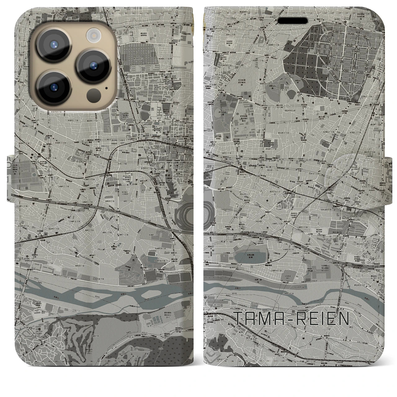 【多磨霊園】地図柄iPhoneケース（手帳両面タイプ・モノトーン）iPhone 14 Pro Max 用