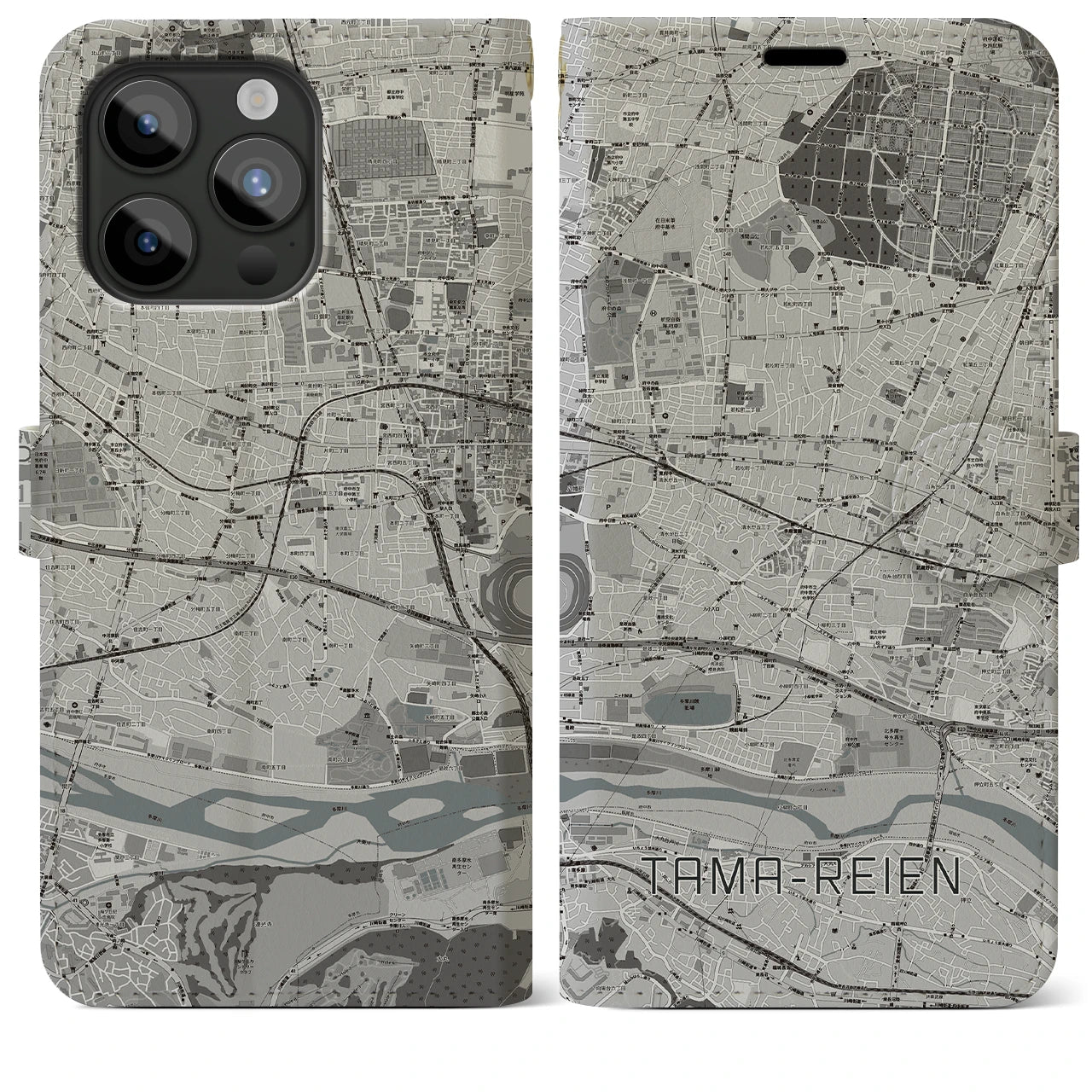 【多磨霊園】地図柄iPhoneケース（手帳両面タイプ・モノトーン）iPhone 15 Pro Max 用