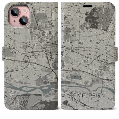 【多磨霊園（東京都）】地図柄iPhoneケース（手帳タイプ）モノトーン・iPhone 15 Plus 用