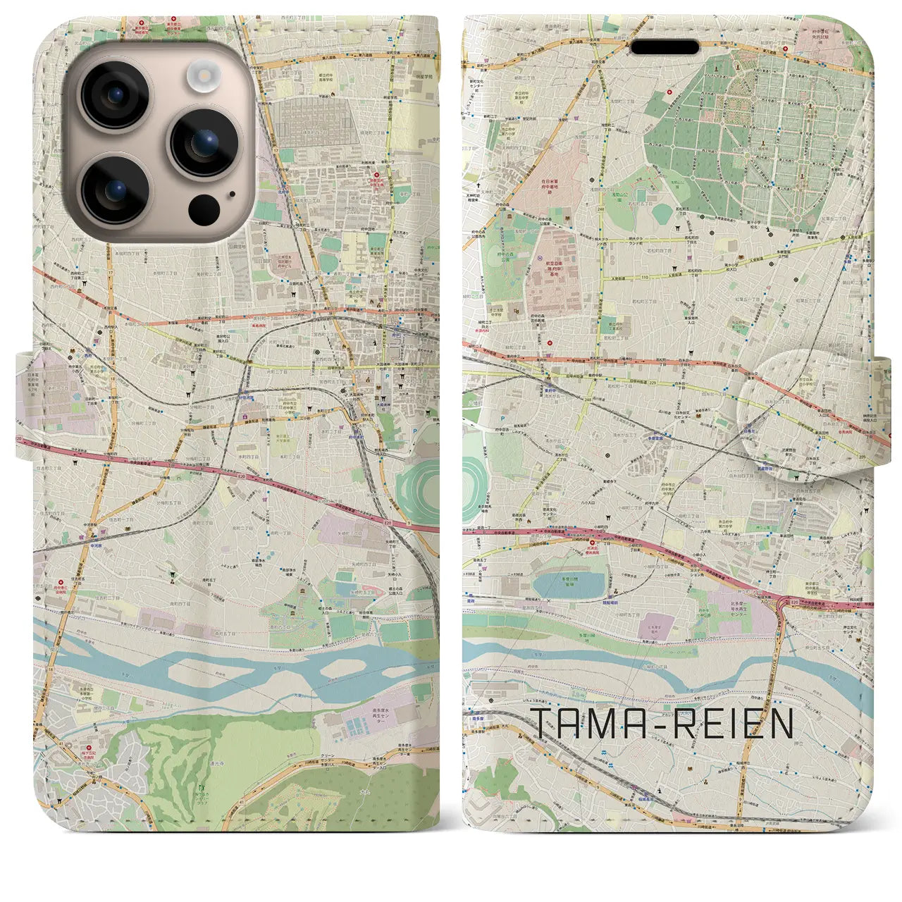 【多磨霊園（東京都）】地図柄iPhoneケース（手帳タイプ）ナチュラル・iPhone 16 Plus 用