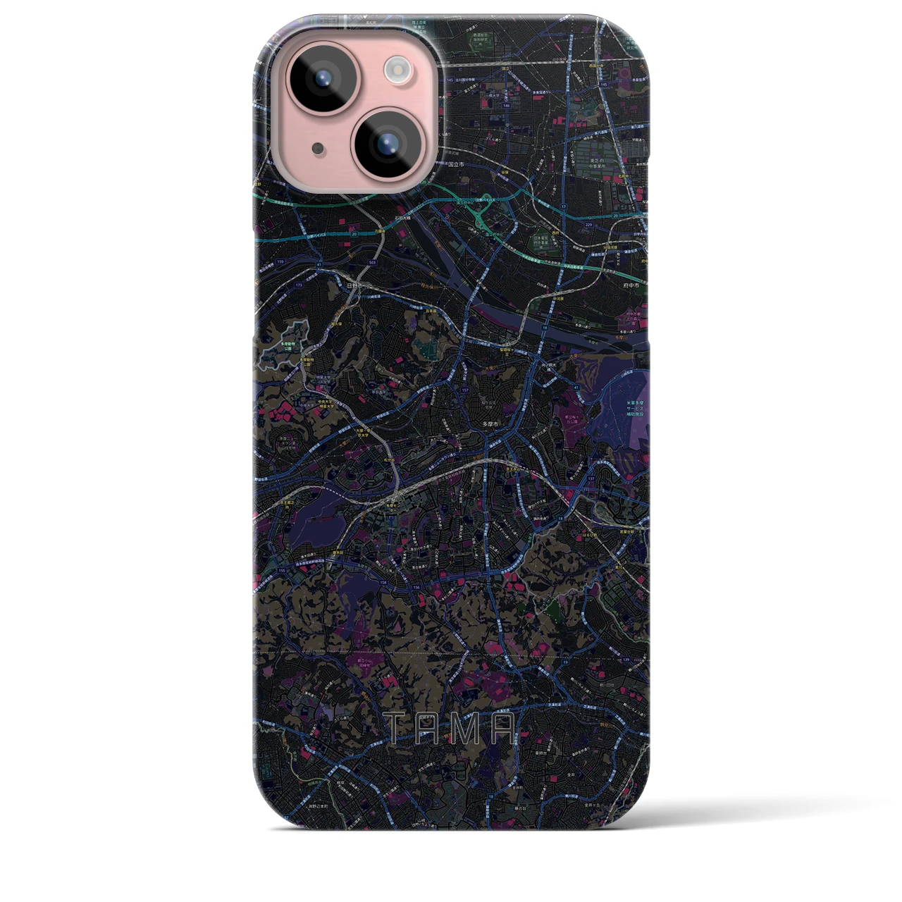 【多摩】地図柄iPhoneケース（バックカバータイプ・ブラック）iPhone 15 Plus 用