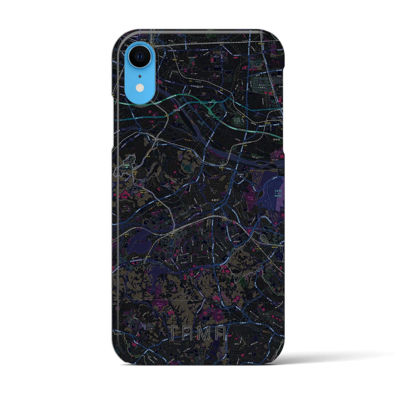 【多摩】地図柄iPhoneケース（バックカバータイプ・ブラック）iPhone XR 用