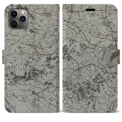 【多摩（東京都）】地図柄iPhoneケース（手帳タイプ）モノトーン・iPhone 11 Pro Max 用