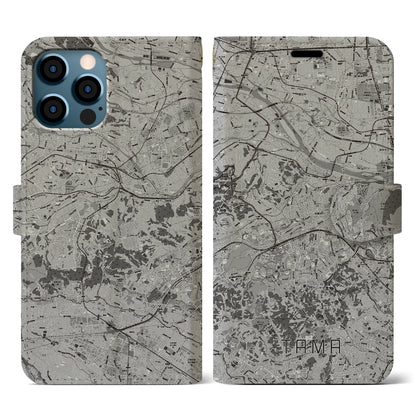 【多摩（東京都）】地図柄iPhoneケース（手帳タイプ）モノトーン・iPhone 12 / 12 Pro 用