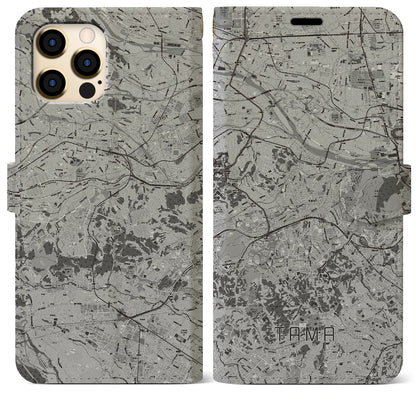 【多摩（東京都）】地図柄iPhoneケース（手帳タイプ）モノトーン・iPhone 12 Pro Max 用