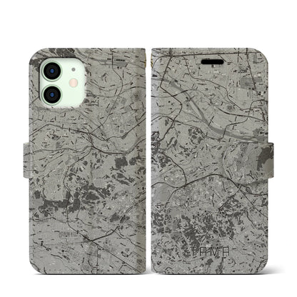 【多摩（東京都）】地図柄iPhoneケース（手帳タイプ）モノトーン・iPhone 12 mini 用