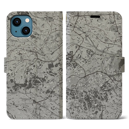 【多摩（東京都）】地図柄iPhoneケース（手帳タイプ）モノトーン・iPhone 13 用