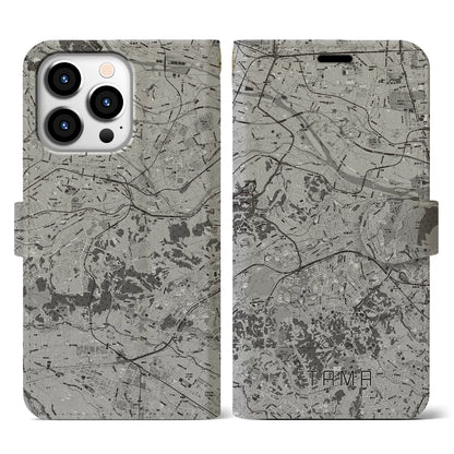 【多摩（東京都）】地図柄iPhoneケース（手帳タイプ）モノトーン・iPhone 13 Pro 用