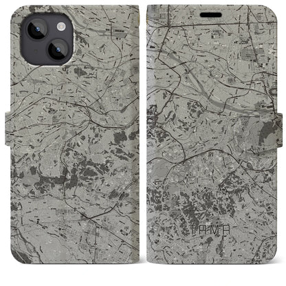 【多摩（東京都）】地図柄iPhoneケース（手帳タイプ）モノトーン・iPhone 14 Plus 用