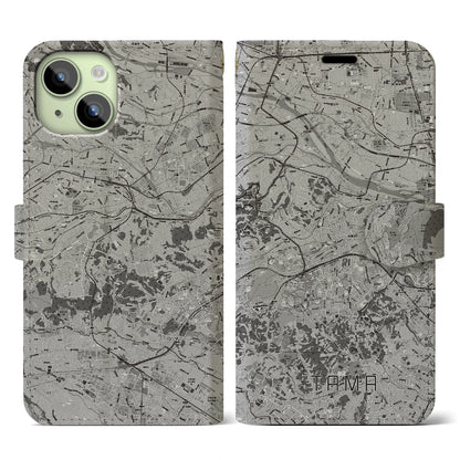 【多摩（東京都）】地図柄iPhoneケース（手帳タイプ）モノトーン・iPhone 15 用