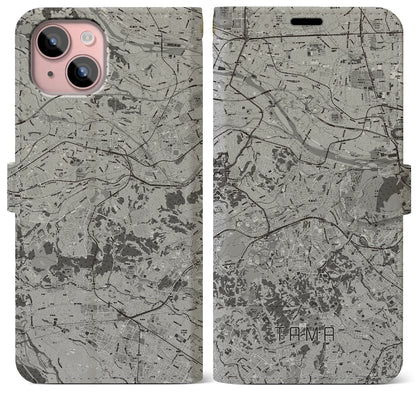 【多摩（東京都）】地図柄iPhoneケース（手帳タイプ）モノトーン・iPhone 15 Plus 用