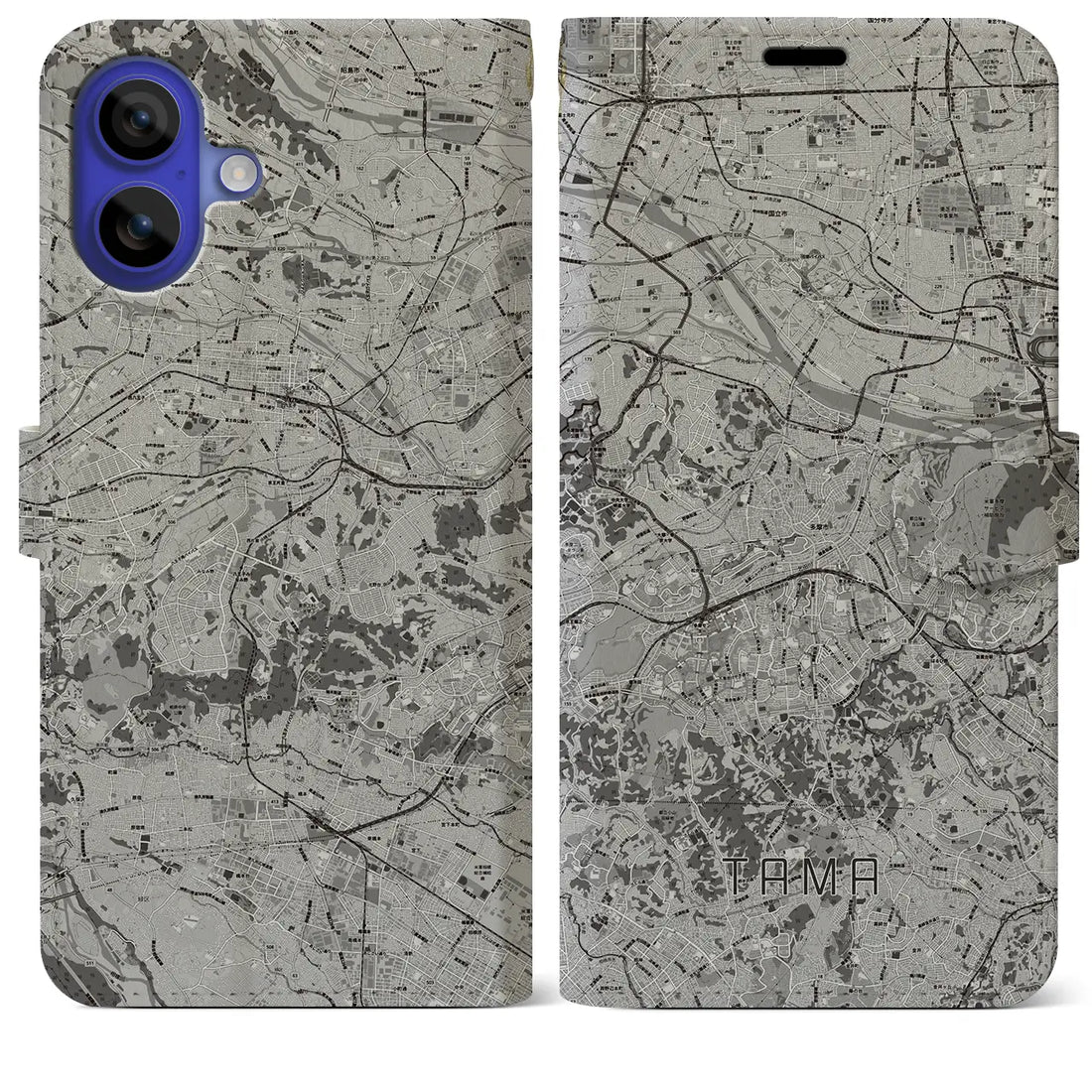 【多摩(東京都)】地図柄iPhoneケース(手帳タイプ)モノトーン・iPhone 16 Pro Max 用