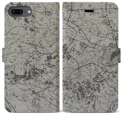 【多摩（東京都）】地図柄iPhoneケース（手帳タイプ）モノトーン・iPhone 8Plus /7Plus / 6sPlus / 6Plus 用