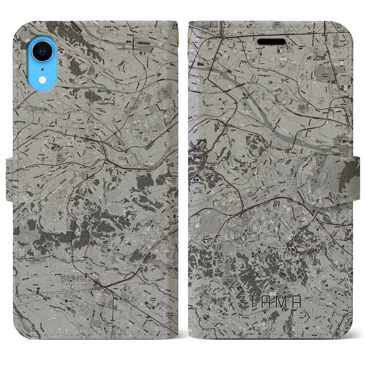 【多摩】地図柄iPhoneケース（手帳両面タイプ・モノトーン）iPhone XR 用
