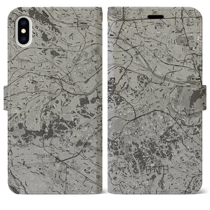 【多摩（東京都）】地図柄iPhoneケース（手帳タイプ）モノトーン・iPhone XS Max 用