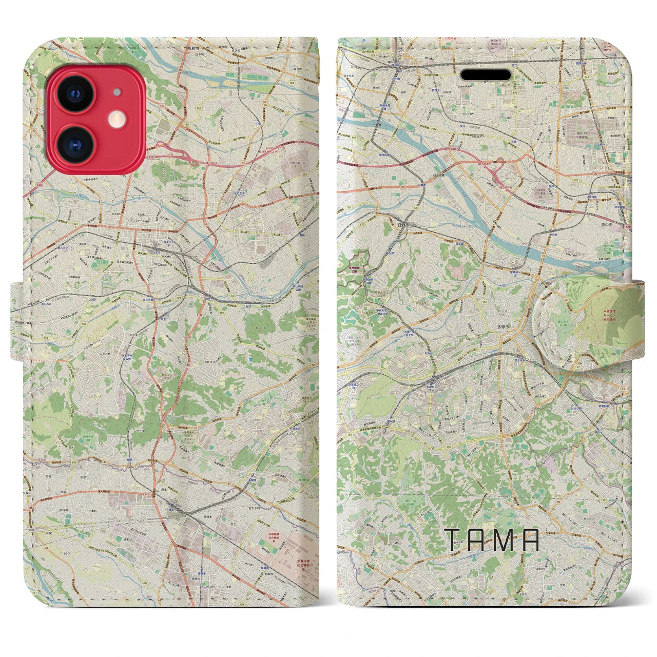 【多摩】地図柄iPhoneケース（手帳両面タイプ・ナチュラル）iPhone 11 用