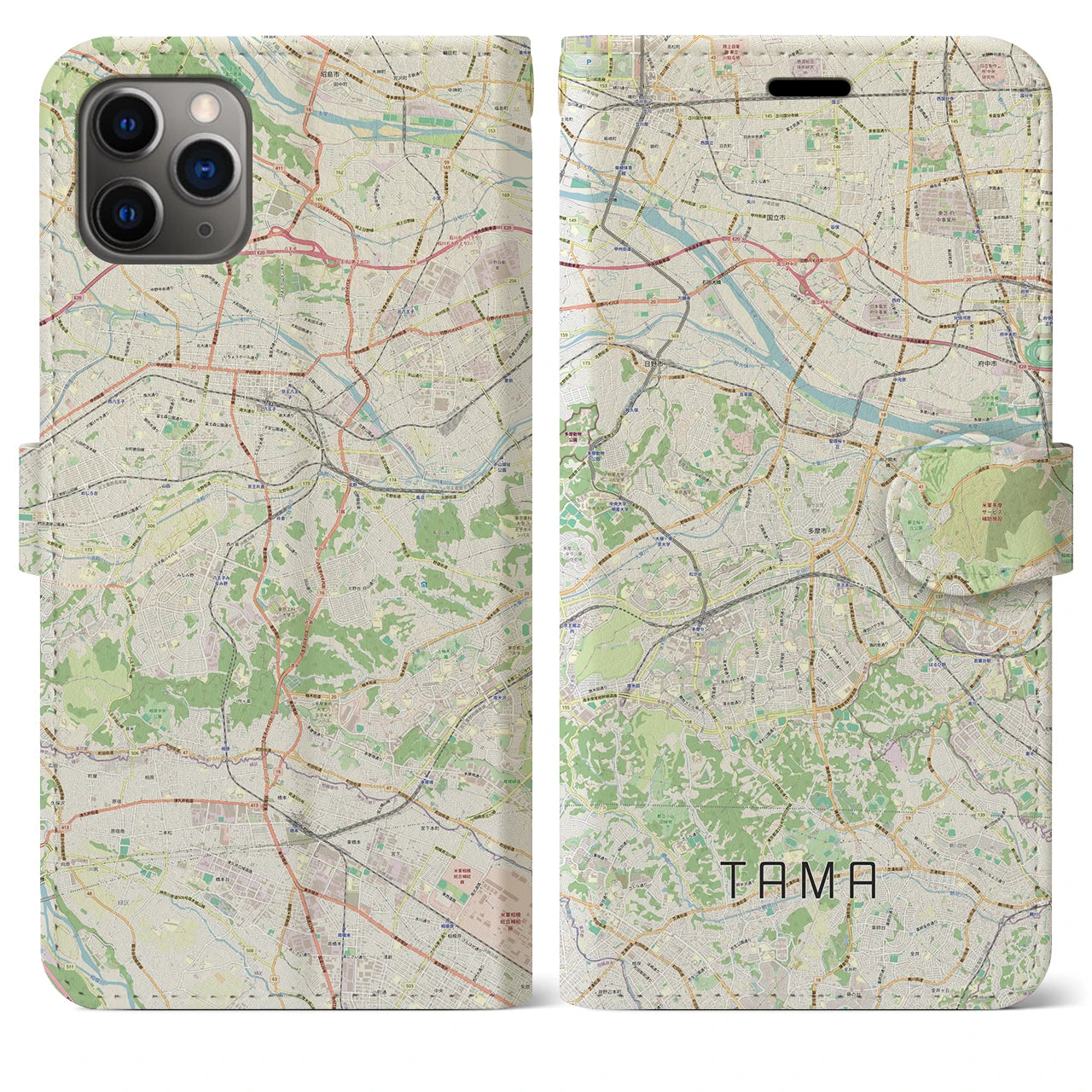 【多摩】地図柄iPhoneケース（手帳両面タイプ・ナチュラル）iPhone 11 Pro Max 用