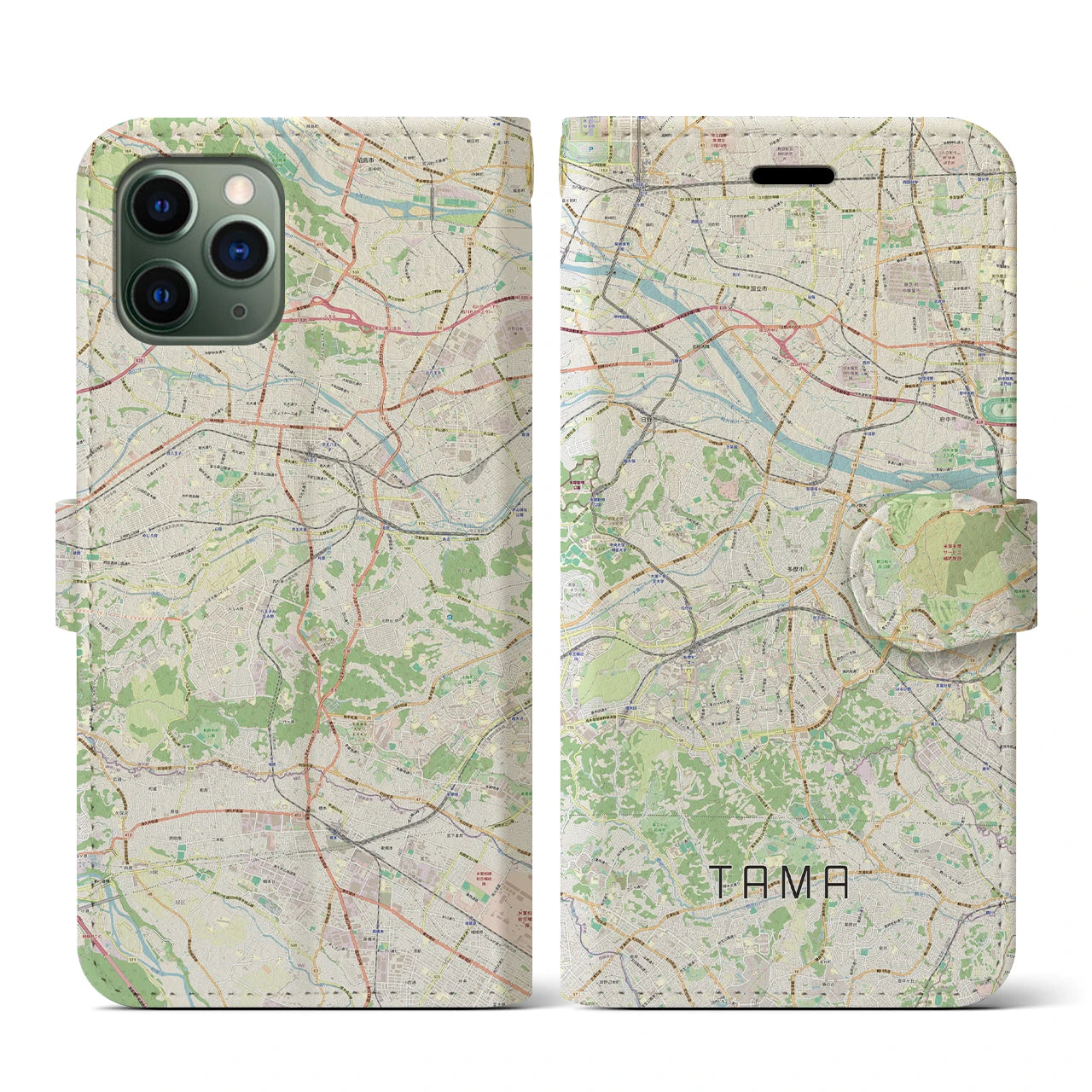 【多摩】地図柄iPhoneケース（手帳両面タイプ・ナチュラル）iPhone 11 Pro 用