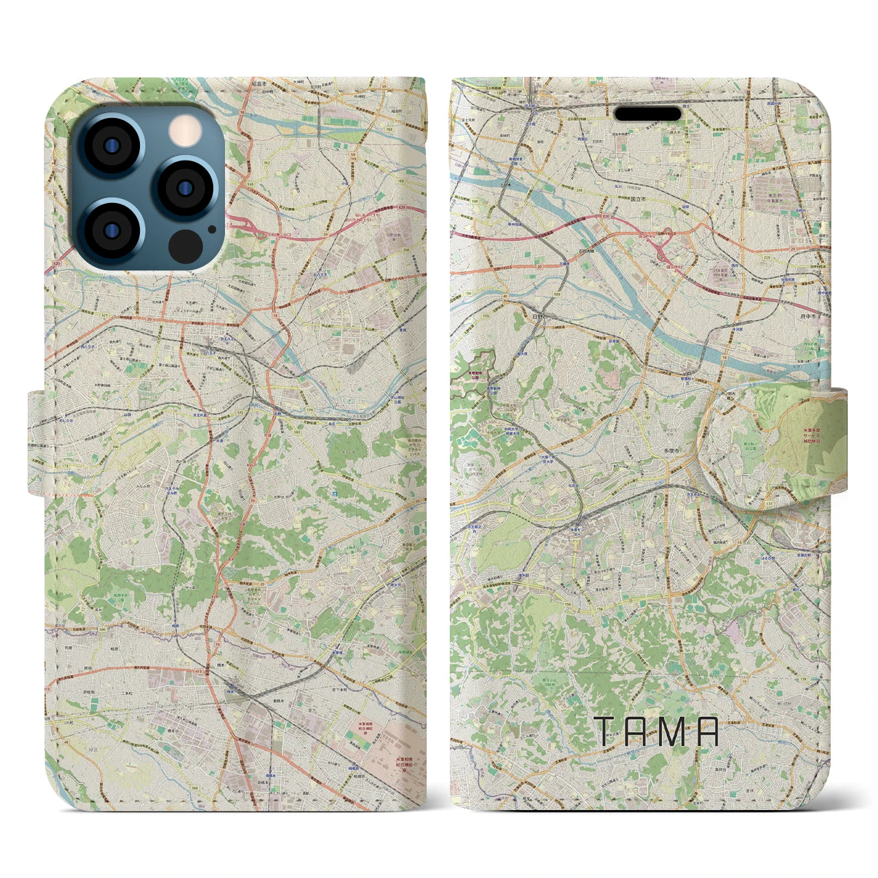 【多摩】地図柄iPhoneケース（手帳両面タイプ・ナチュラル）iPhone 12 / 12 Pro 用