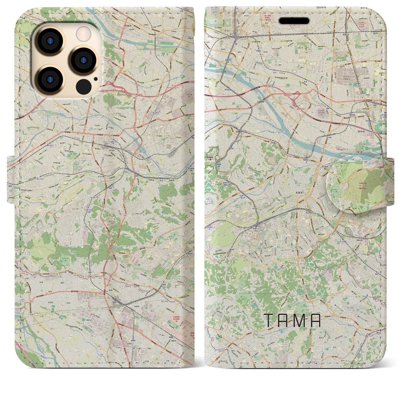 【多摩】地図柄iPhoneケース（手帳両面タイプ・ナチュラル）iPhone 12 Pro Max 用