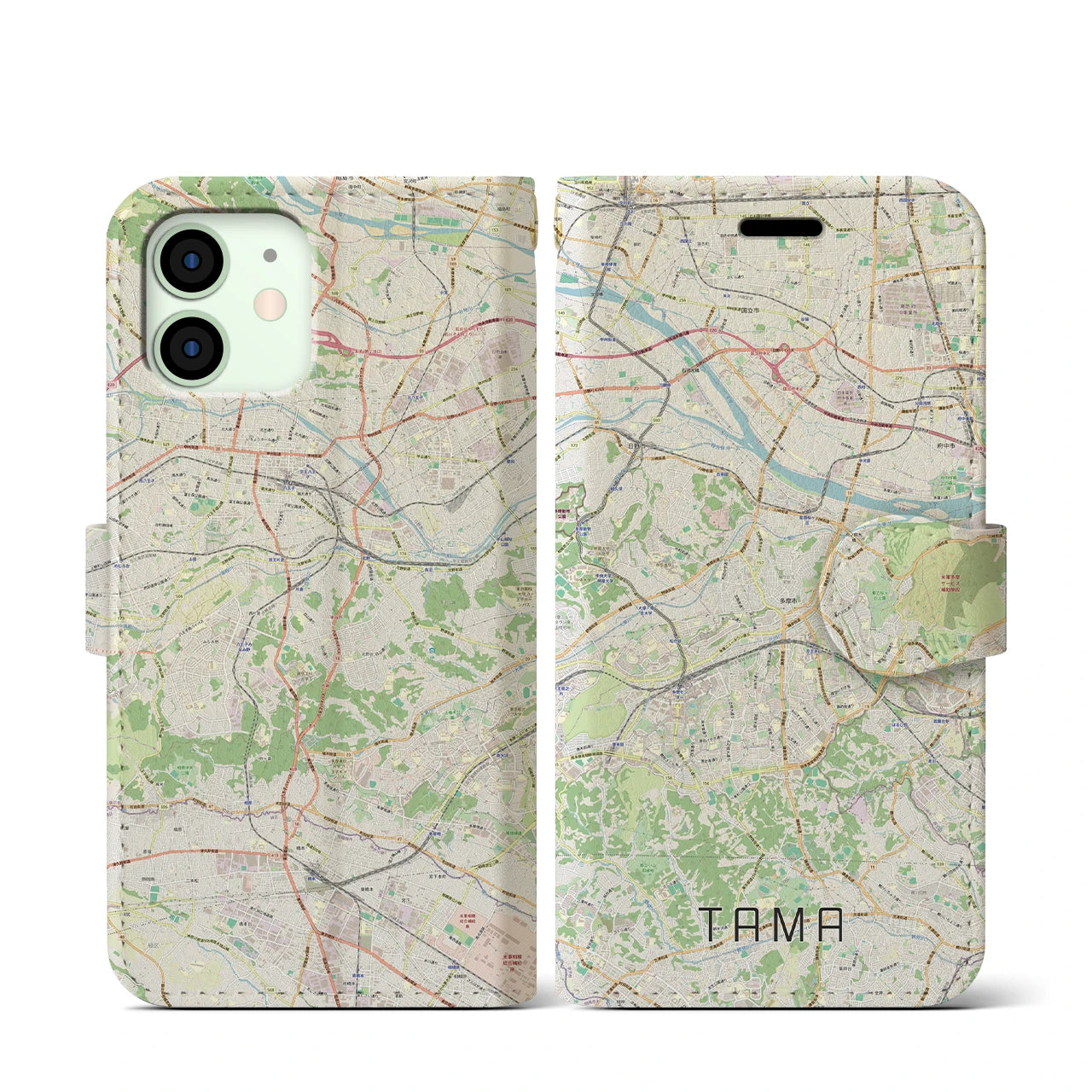 【多摩】地図柄iPhoneケース（手帳両面タイプ・ナチュラル）iPhone 12 mini 用