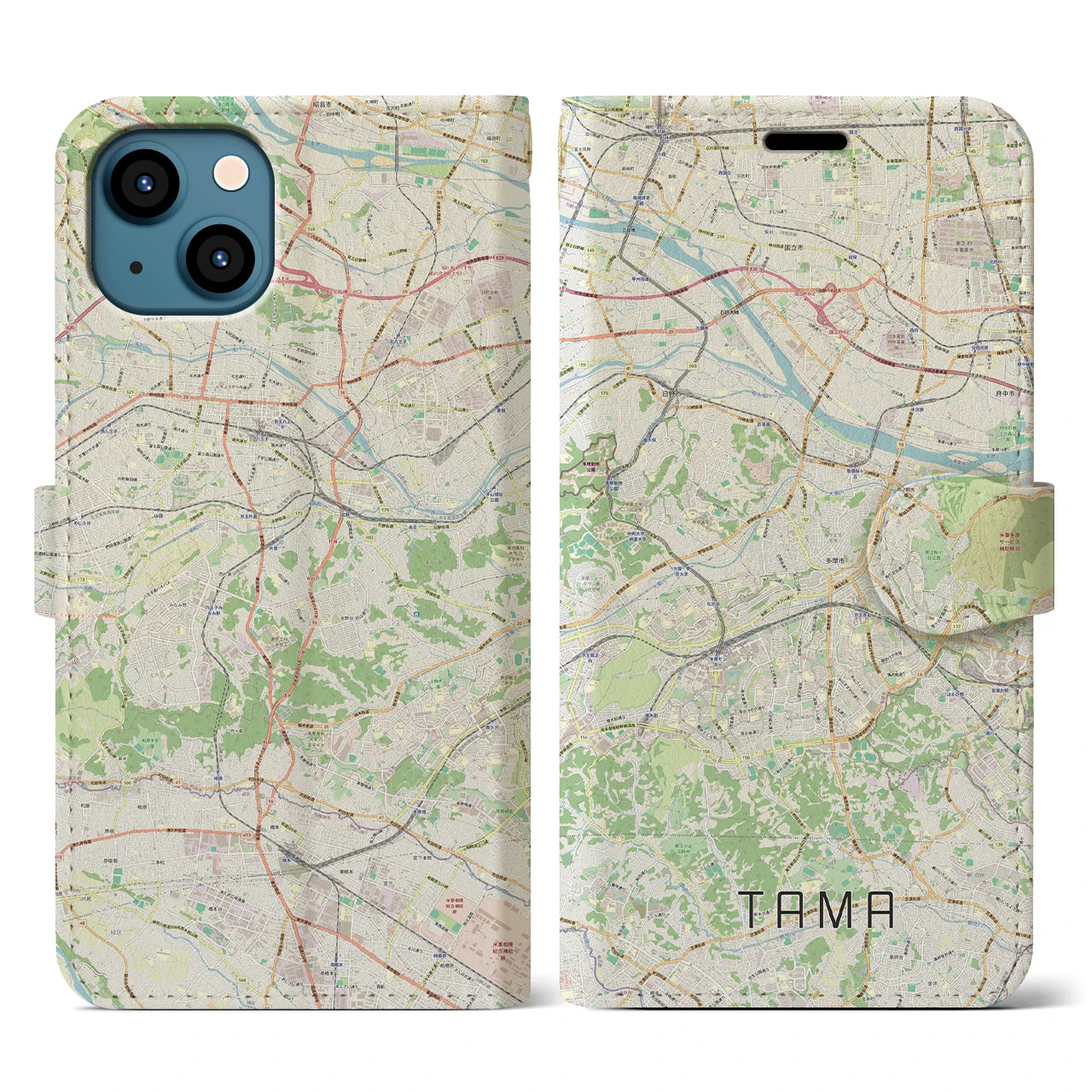 【多摩】地図柄iPhoneケース（手帳両面タイプ・ナチュラル）iPhone 13 用
