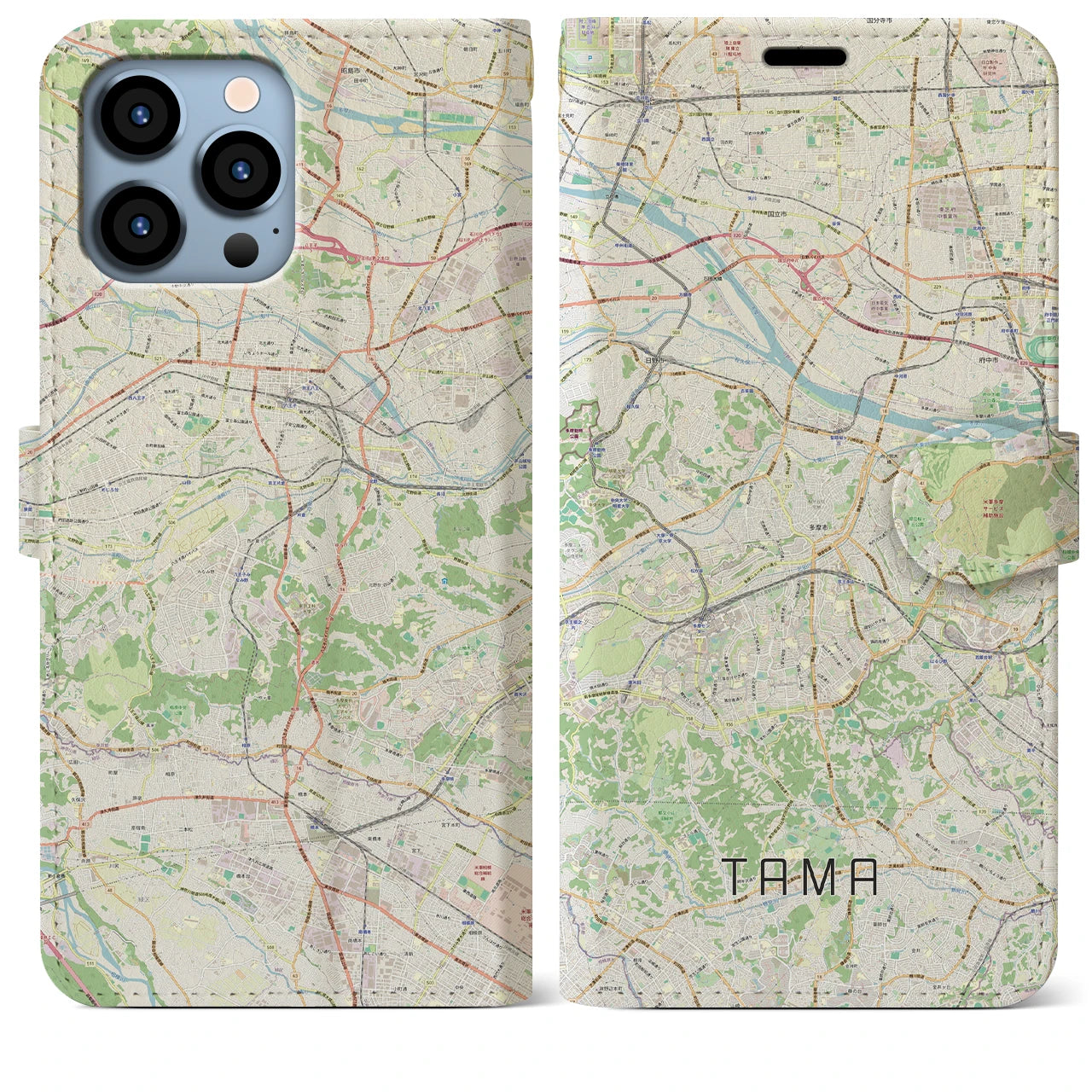 【多摩】地図柄iPhoneケース（手帳両面タイプ・ナチュラル）iPhone 13 Pro Max 用