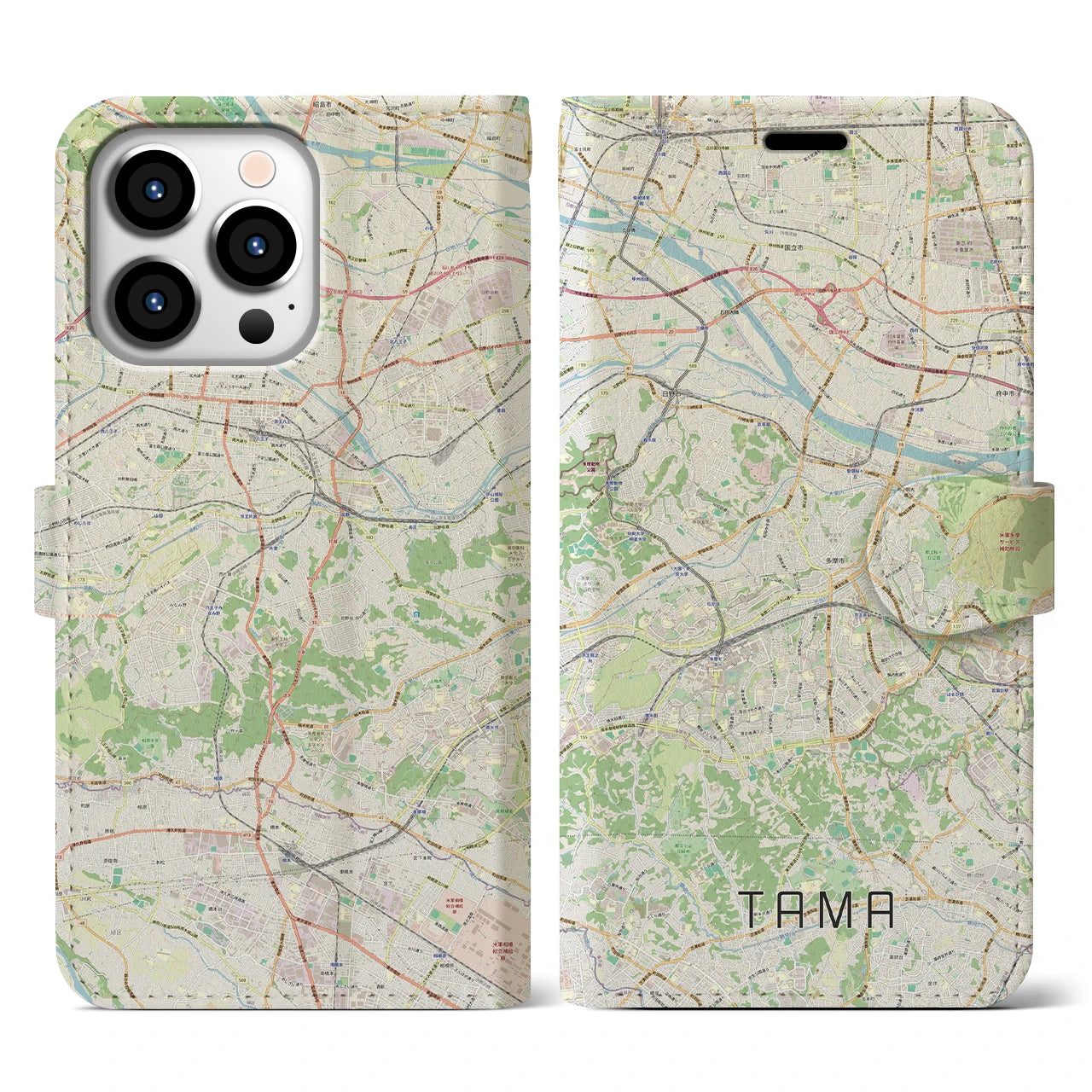 【多摩】地図柄iPhoneケース（手帳両面タイプ・ナチュラル）iPhone 13 Pro 用