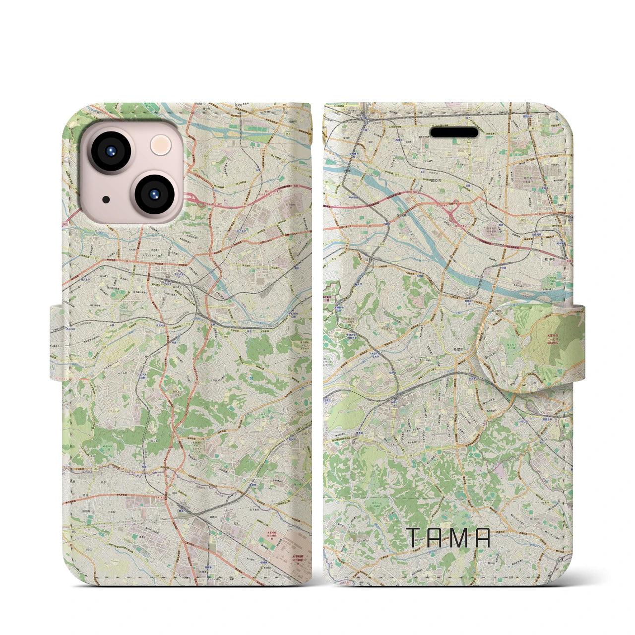 【多摩】地図柄iPhoneケース（手帳両面タイプ・ナチュラル）iPhone 13 mini 用