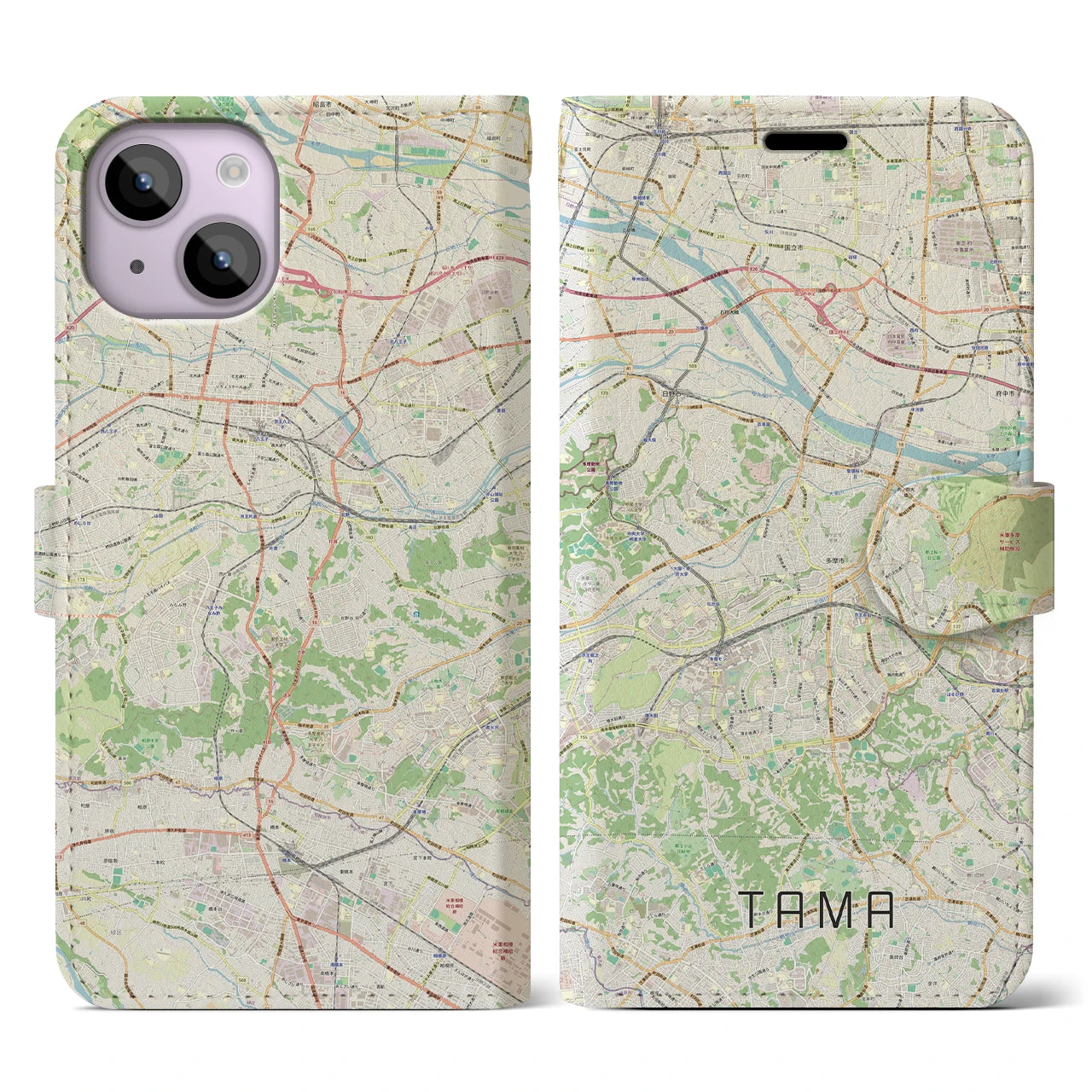 【多摩】地図柄iPhoneケース（手帳両面タイプ・ナチュラル）iPhone 14 用