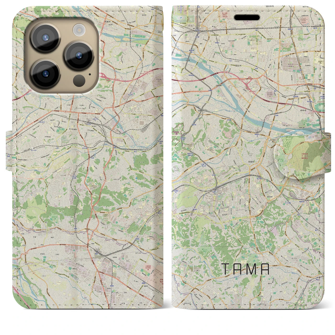 【多摩】地図柄iPhoneケース（手帳両面タイプ・ナチュラル）iPhone 14 Pro Max 用