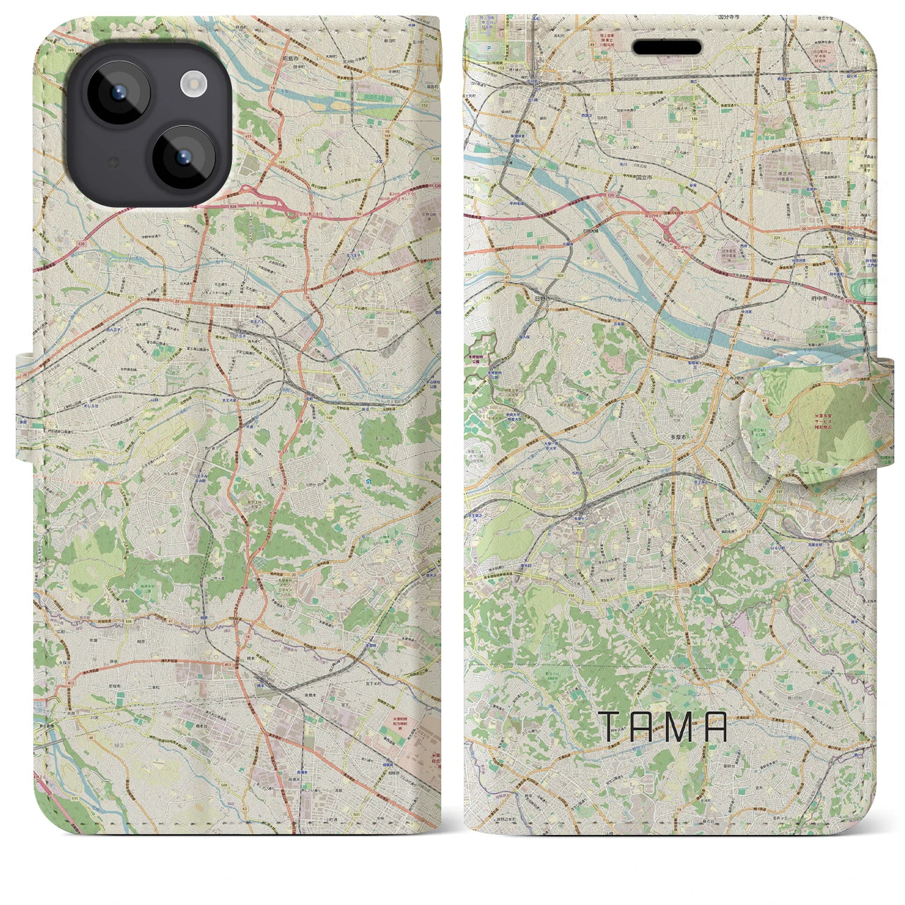 【多摩】地図柄iPhoneケース（手帳両面タイプ・ナチュラル）iPhone 14 Plus 用