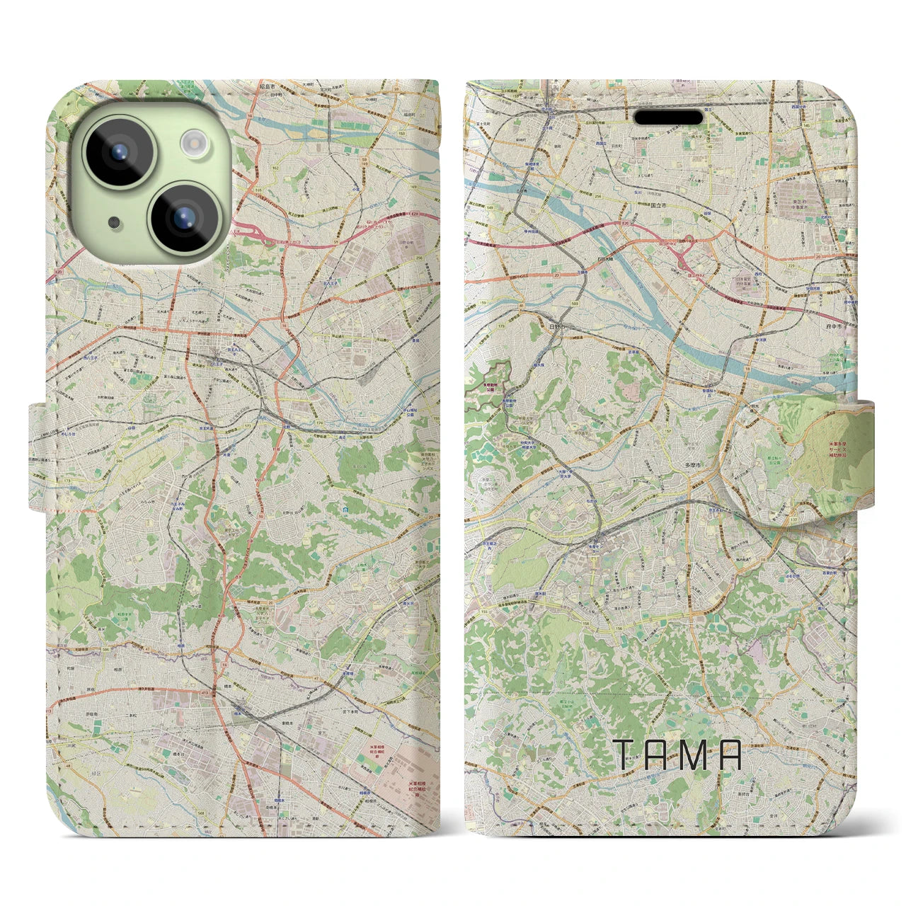 【多摩】地図柄iPhoneケース（手帳両面タイプ・ナチュラル）iPhone 15 用