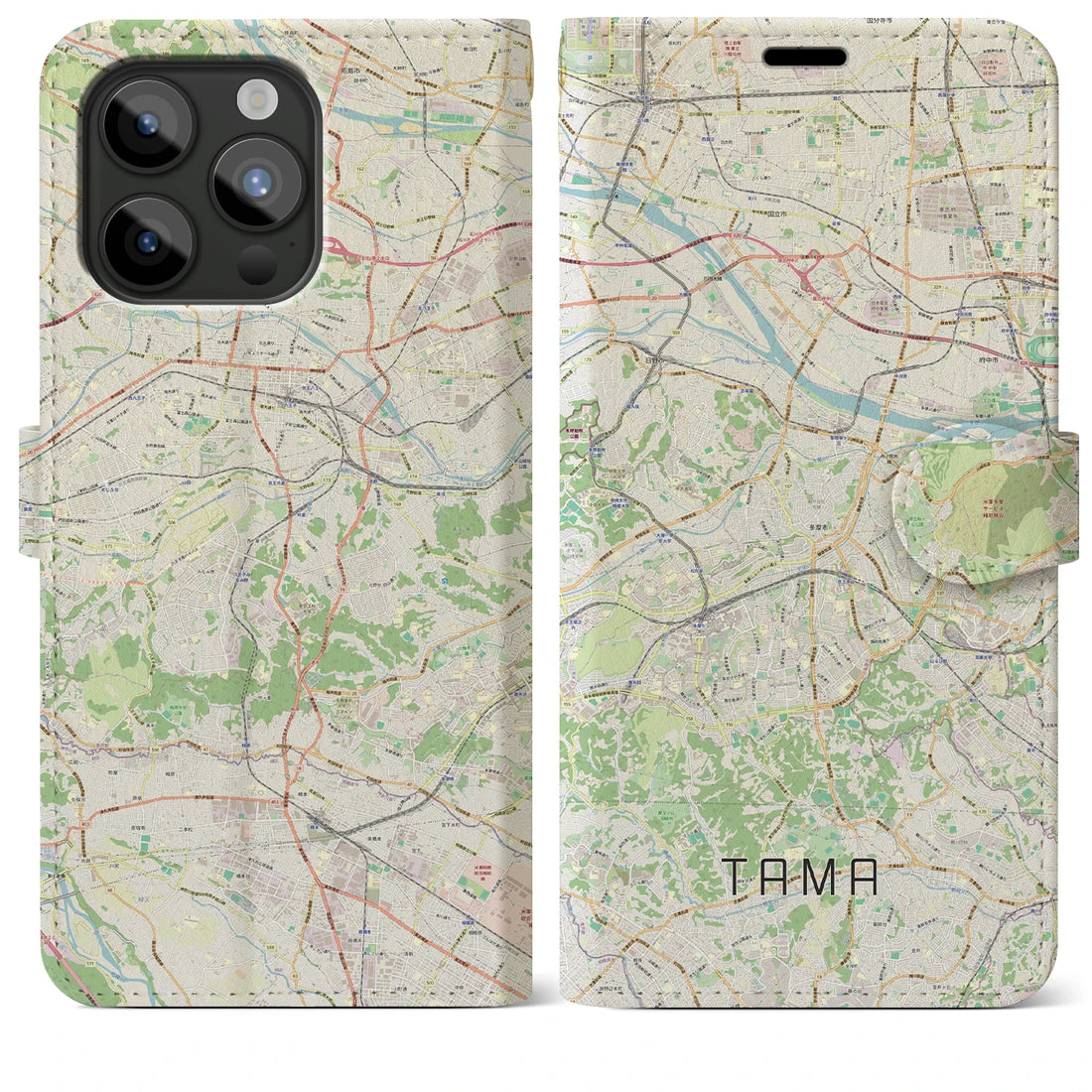 【多摩】地図柄iPhoneケース（手帳両面タイプ・ナチュラル）iPhone 15 Pro Max 用