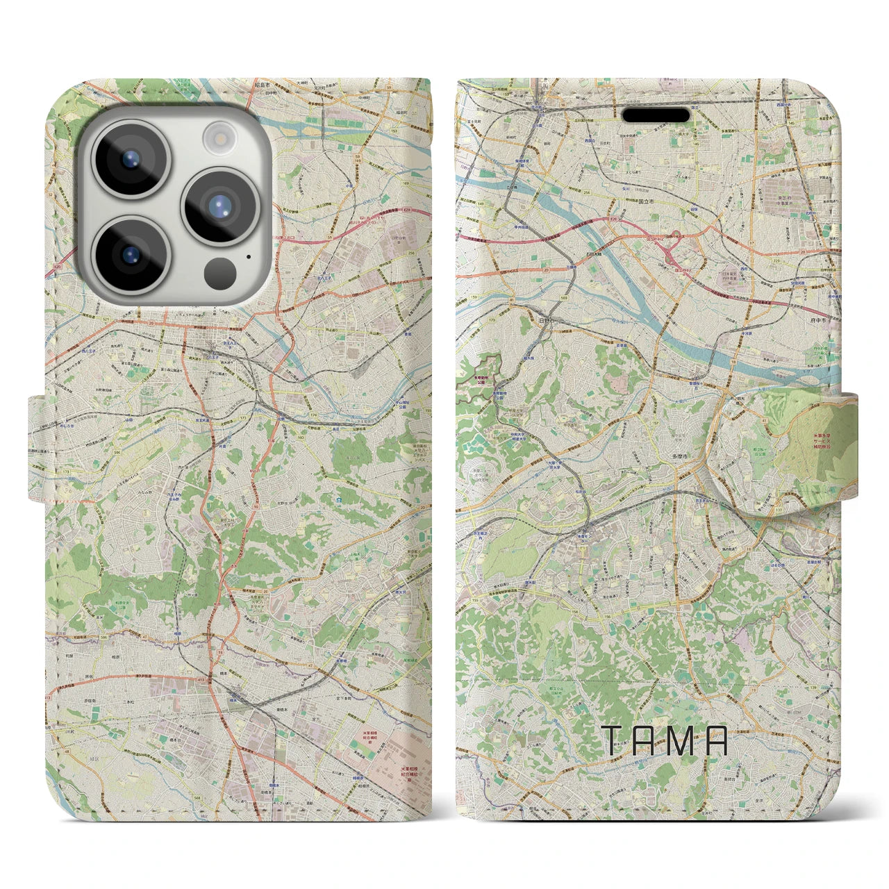 【多摩】地図柄iPhoneケース（手帳両面タイプ・ナチュラル）iPhone 15 Pro 用
