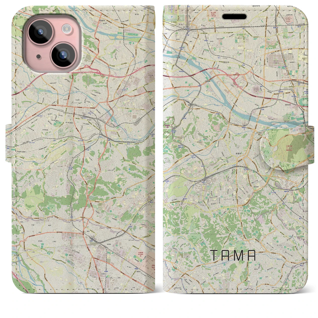 【多摩】地図柄iPhoneケース（手帳両面タイプ・ナチュラル）iPhone 15 Plus 用