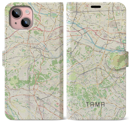 【多摩（東京都）】地図柄iPhoneケース（手帳タイプ）ナチュラル・iPhone 15 Plus 用