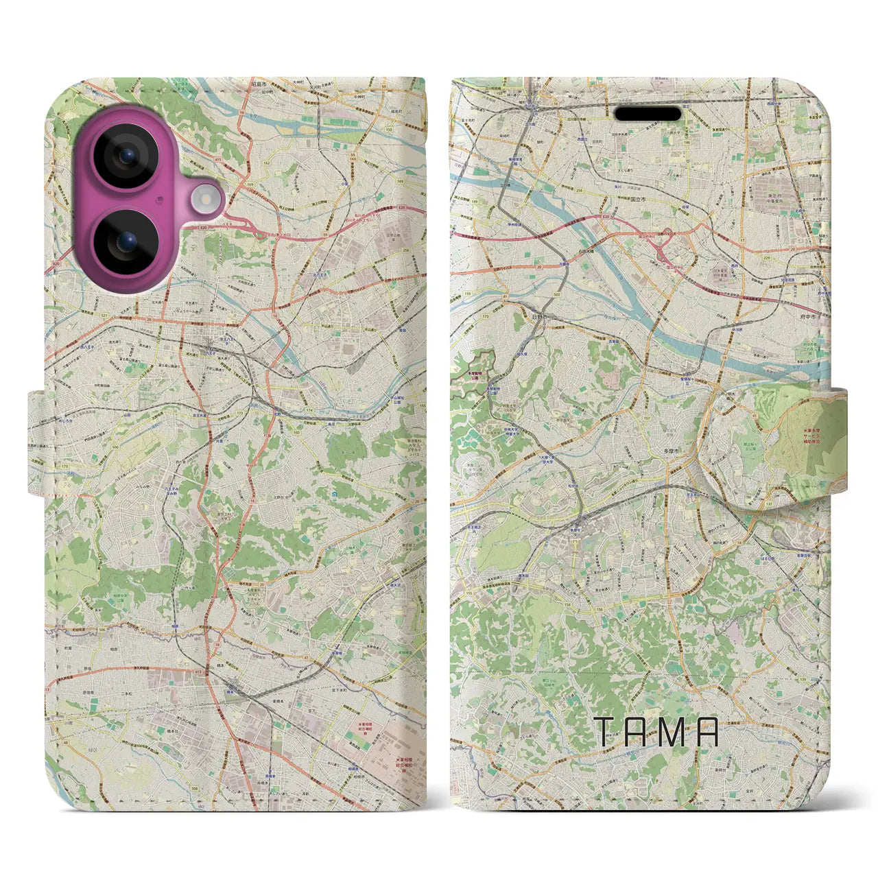 【多摩（東京都）】地図柄iPhoneケース（手帳タイプ）ナチュラル・iPhone 16 Pro 用