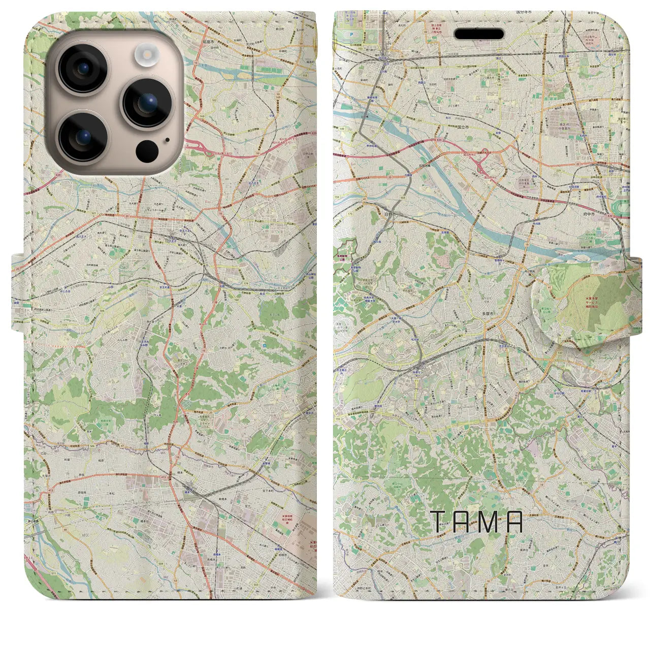 【多摩（東京都）】地図柄iPhoneケース（手帳タイプ）ナチュラル・iPhone 16 Plus 用