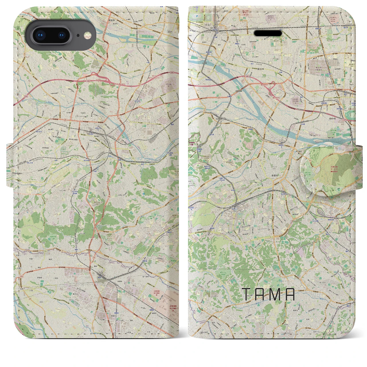 【多摩】地図柄iPhoneケース（手帳両面タイプ・ナチュラル）iPhone 8Plus /7Plus / 6sPlus / 6Plus 用