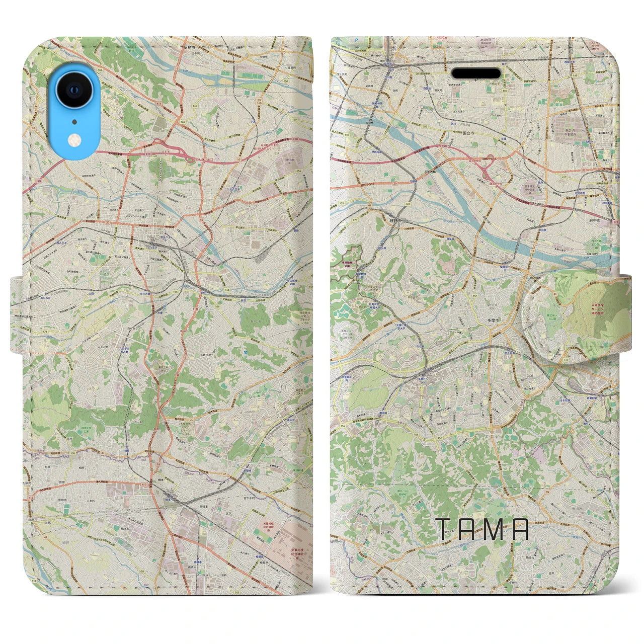 【多摩】地図柄iPhoneケース（手帳両面タイプ・ナチュラル）iPhone XR 用