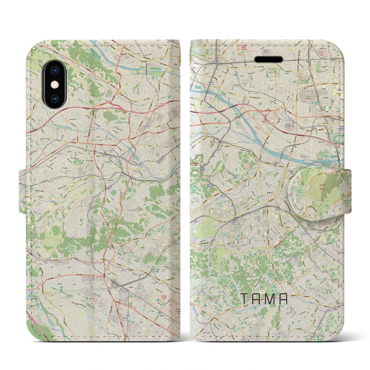 【多摩】地図柄iPhoneケース（手帳両面タイプ・ナチュラル）iPhone XS / X 用
