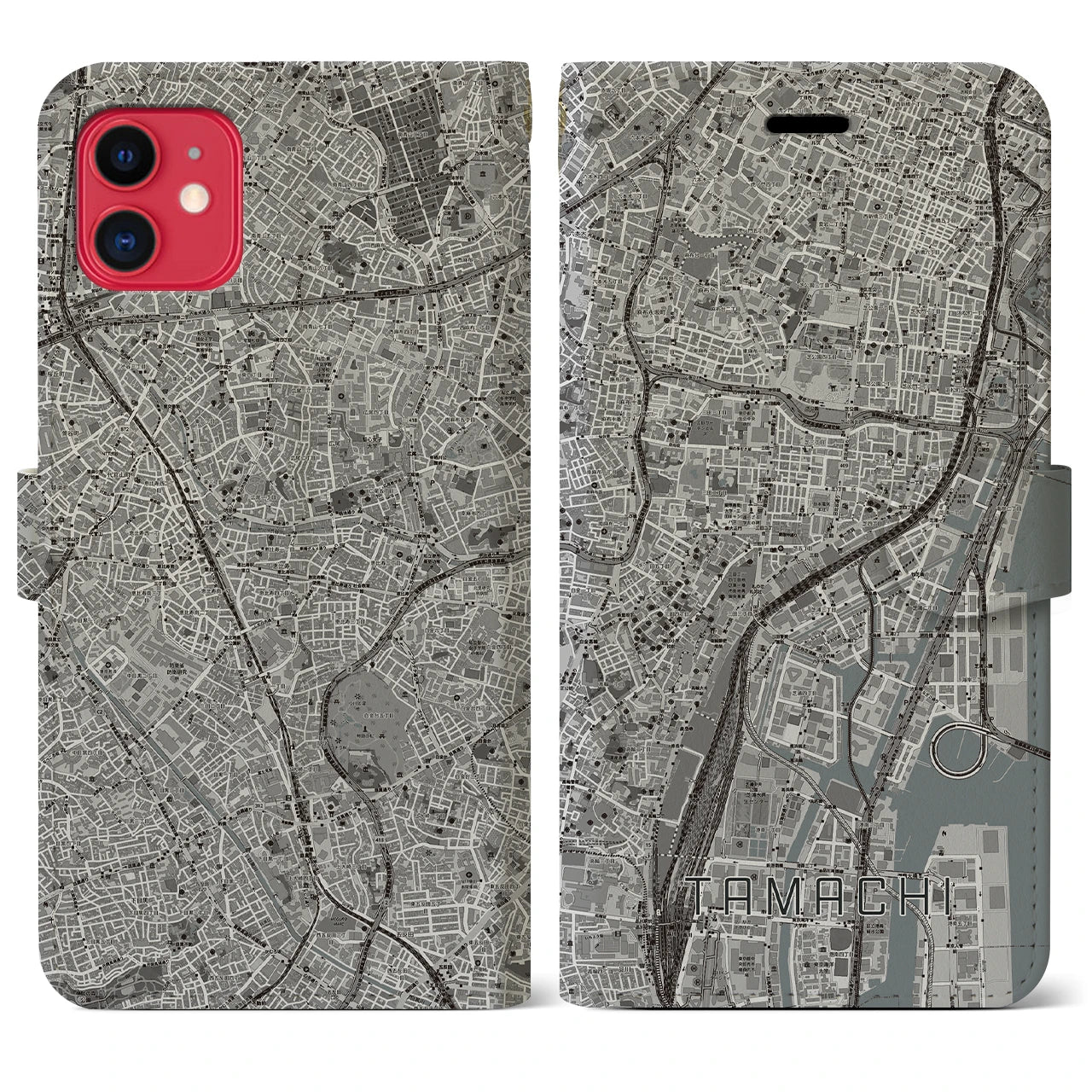 【田町】地図柄iPhoneケース（手帳両面タイプ・モノトーン）iPhone 11 用