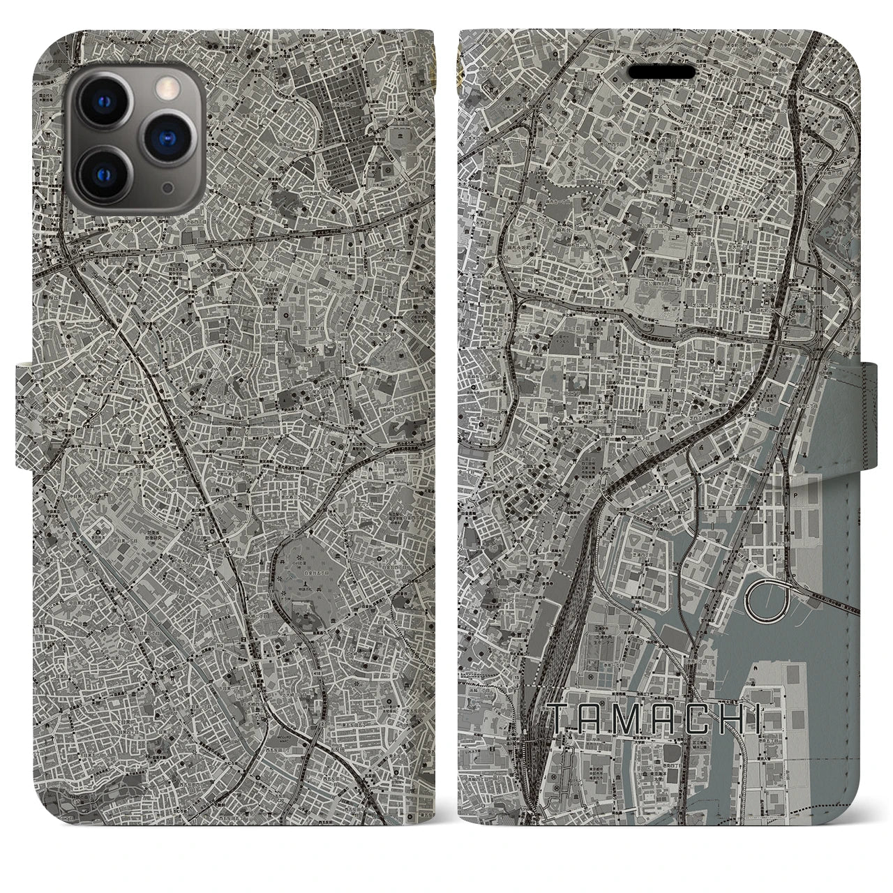 【田町】地図柄iPhoneケース（手帳両面タイプ・モノトーン）iPhone 11 Pro Max 用