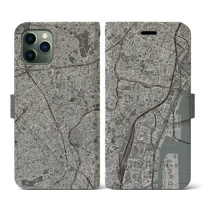 【田町（東京都）】地図柄iPhoneケース（手帳タイプ）モノトーン・iPhone 11 Pro 用