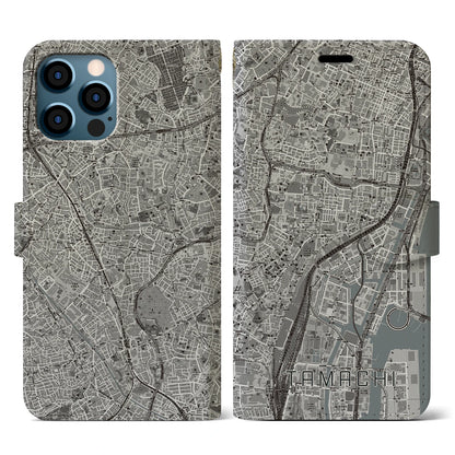 【田町（東京都）】地図柄iPhoneケース（手帳タイプ）モノトーン・iPhone 12 / 12 Pro 用