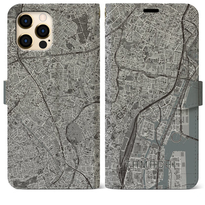 【田町（東京都）】地図柄iPhoneケース（手帳タイプ）モノトーン・iPhone 12 Pro Max 用