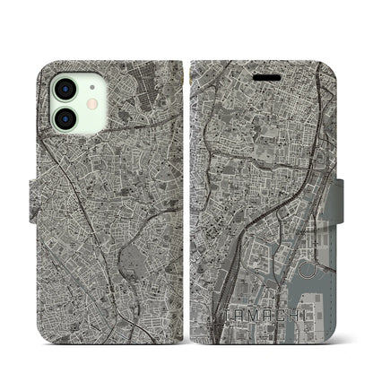【田町（東京都）】地図柄iPhoneケース（手帳タイプ）モノトーン・iPhone 12 mini 用