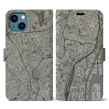 【田町（東京都）】地図柄iPhoneケース（手帳タイプ）モノトーン・iPhone 13 用