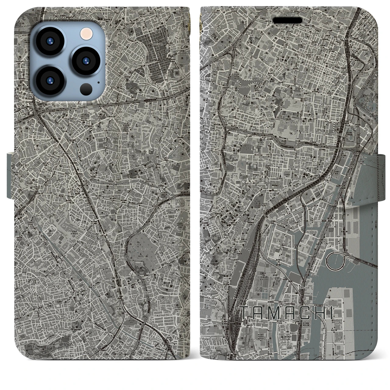 【田町】地図柄iPhoneケース（手帳両面タイプ・モノトーン）iPhone 13 Pro Max 用